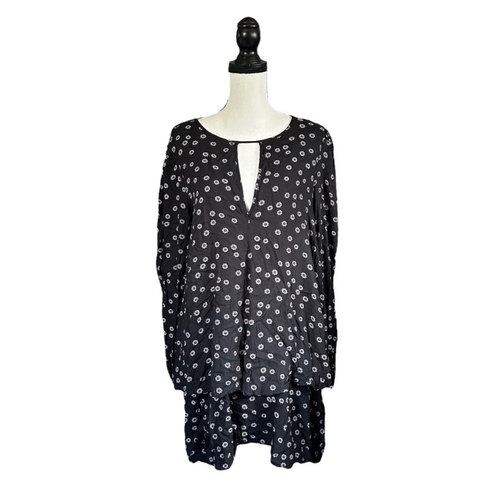 Free People Beck Mini Dress Black Floral Long Sleeve Tiered Tunic Boho Medium